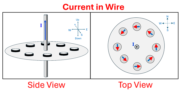 Two pictures of a wire (top to bottom) with a current going upwards on the wire.  The wire is surrounded by magnets that now are aligning in a counter-clockwise fashion around the wire on due to the magnetic field.