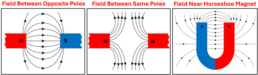 Three diagrams of magnets and magnetic lines.  First showing the North end of a magnet facing the south end of another magnet with magnetic lines going from the north to the south.  The second showing the north end of a magnet facing the north end of another magnet with the magnetic fields arcing away from each other.  The third shows a Horseshoe magnet with magnetic lines going from the North to the south in various paths (circular and straight)