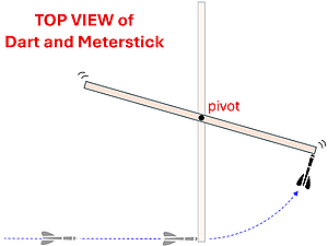 The top view of a Meter stick (pivot at center) with a dart that hits the edge of the meter stick and 'sticks', showing the meter stick rotating after being struck and the dart sticking to the end of the stick.