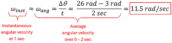 Equation trying to find roughly the instantaneous angular velocity. We take 26 rads (2 second time) minutes 3 rad (initial time) over 2 seconds and get 11.5 rads per second.