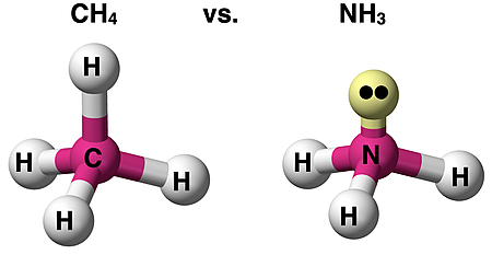 Ball-and-stick models comparing CH4 and NH3.