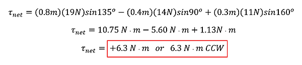 Check understanding 5's solution, giving the equation for points 1 through 3. 0.8 meters times 19 netwons times sine 135 is 10.75 Newton meters. 0.4 times 14 newtons times sine 90 is - 5.6 newton meters (negative because it's CW). 0.3 times 11 newtons times sine 160 is 1.13 newton meters. Combined is 6.3 newton meters in the CCW direction.