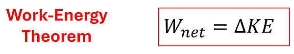 Work Energy Theorem, W net (Net Work) = Delta KE (Change in Kinetic Energy)