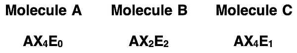 Ball-and-stick models for five molecules having different molecular shapes.