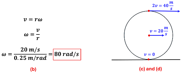The solutions to example 1's b c and d. On the left solves for part b (angular speed) using v = r omega, substituting 20 for v and 0.25 for r and solving for omega we get 80 rads per second. On the right shows an image of the wheel spinning with 3 dots (top, middle, and bottom). The bottom dot is 0 velocity, the center is the same as the translation motion (20 meters per second), and the top is 2 times that value or 40 meters per second.