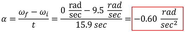 The equation to find the acceleration for the potters wheel. angular acceleration (alpha) equals velocity final (omega sub f) minus velocity initial (omega sub i) over time (t). 0 rad per sec minus 9.5 rad per sec over 15.9 seconds = -0.60 rad per second squared