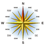 A Compass Rose showing North, East, South, West and the various in between directions.